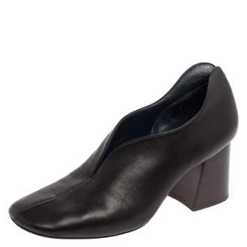 Pre Owned Celine Black Leather V-Neck Block Heel Pumps Size 38.5
