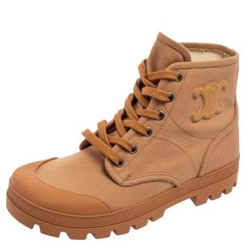 Pre Owned Celine Copper Brown Canvas Patapans Lace-Up Boots Size 37