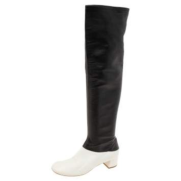 Pre Owned Celine White/Black Leather Knee Length Boots Size 39