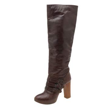 Pre Owned Celine Brown Leather Buckle Detail Platform Knee Length Boots Size 39