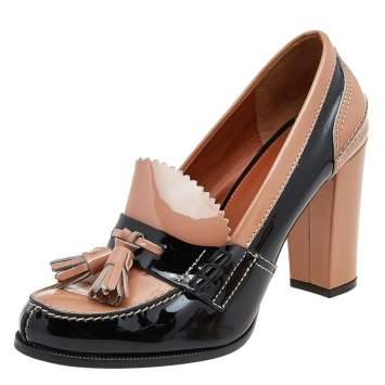 Pre Owned Celine Brown/Black Patent Leather Fringe Detail Loafer Pumps Size 38.5