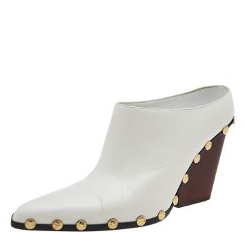 Pre Owned Celine White Leather Studded Pointed-Toe Booties Size 39