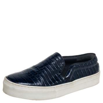 Pre Owned Celine Navy Blue Crocodile Embossed Leather Slip-On Sneakers Size 35.5 