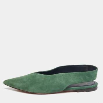 Pre Owned Celine Green Suede V Neck Slingback Flats Size 39