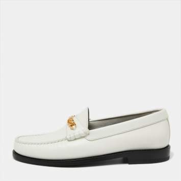 Pre Owned Celine White Leather Chain Embellished Slip On Loafers Size 37