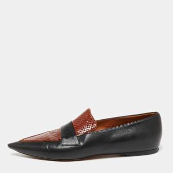 Pre Owned Celine Black/Brown Python Embossed And Leather Slip On Loafers Size 38.5    