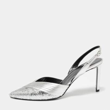 Pre Owned Celine Silver Pleated Leather and Glitter Pointed Toe Slingback Sandals Size 39