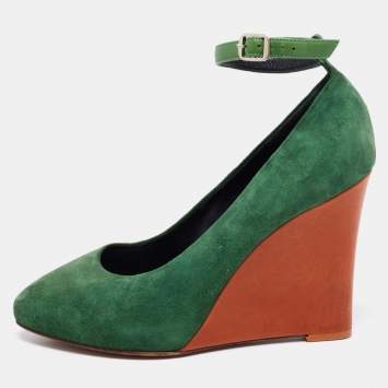Pre Owned Celine Green Suede Wedge Ankle Strap Pumps Size 39
