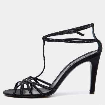 Pre Owned Celine Black Satin Embellished Strappy Sandals Size 41