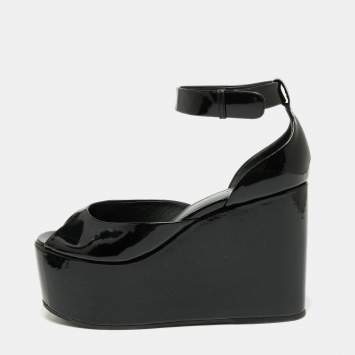 Pre Owned Celine Black Patent Leather Wedge Platform Ankle Strap Sandals Size 38