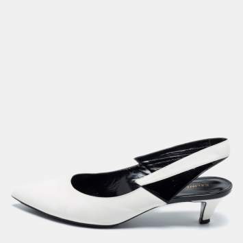 Pre Owned Celine White/Black Patent and Leather Sharp Slingback Pumps Size 39