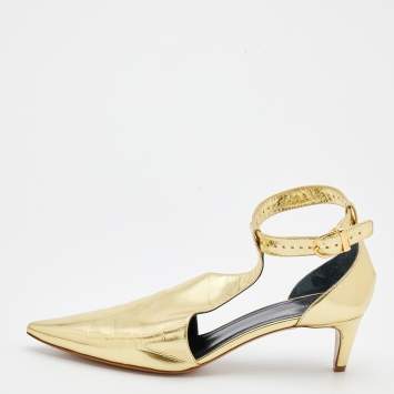 Pre Owned Celine Metallic Gold Leather Pointed Toe T-Strap Sandals Size 37.5 