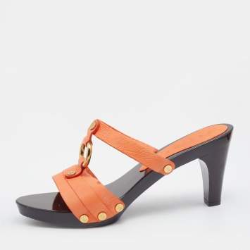 Pre Owned Celine Orange Leather Studded Platform Slide Sandals Size 41