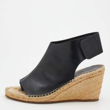 Pre Owned Celine Black Leather Open Toe Espadrilles Wedge Sandals Size 39