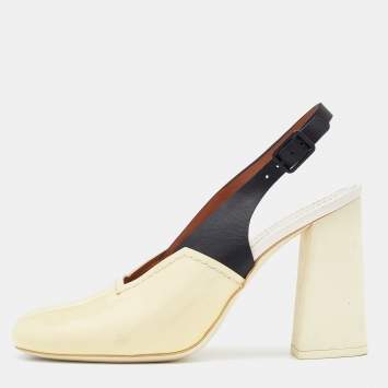 Pre Owned Celine Cream/Black Patent And Leather Slingback Sandals Size 38