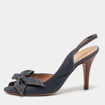 Pre Owned Celine Blue Denim Bow D'orsay Peep-Toe Slingback Sandals Size 38