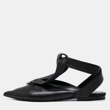 Pre Owned Celine Black Leather V Neck Ankle Tie Flat Mules Size 36