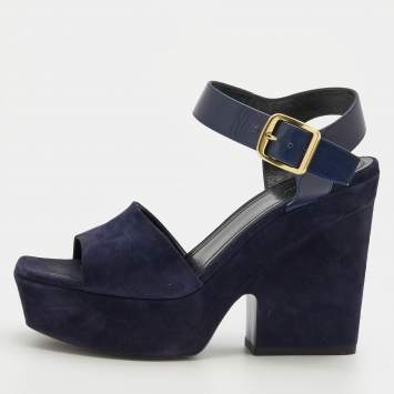 Pre Owned Celine Navy Blue Suede And Leather Platform Block Heel Ankle Strap Sandals Size 38