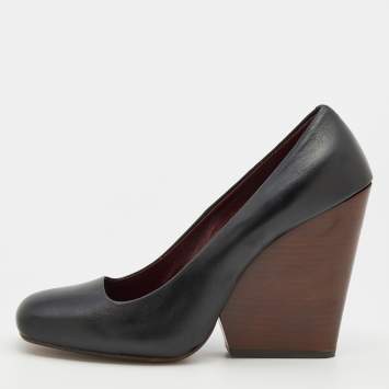 Pre Owned Celine Black Leather Square Toe Wedge Pumps Size 39