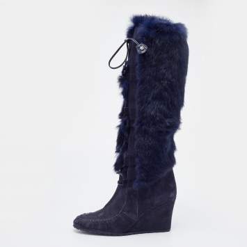 Pre Owned Celine Blue Fur and Suede Knee Length Boots Size 38