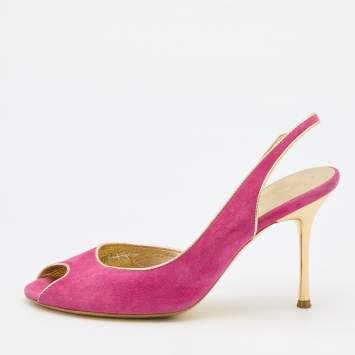 Pre Owned Celine Pink/Gold Suede and Leather Peep Toe Slingback D'Orsay Pumps Size 37
