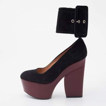 Pre Owned Celine Black Suede Phoebe Philo Wide Ankle Cuff Platform Pumps Size 36