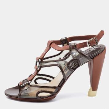Pre Owned Celine Brown Leather and PVC Caged Studded Ankle Strap Sandals Size 37.5