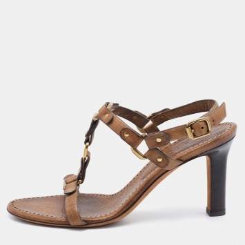 Pre Owned Celine Two Tone Brown Leather T-Strap Sandals Size 37
