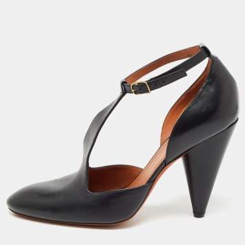 Pre Owned Celine Black Leather T-Strap Pumps Size 38