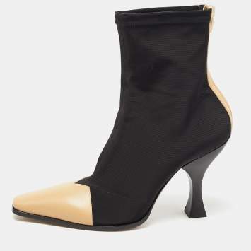 Pre Owned Celine Black/ Beige Fabric and Leather Madame Ankle Boots Size 37