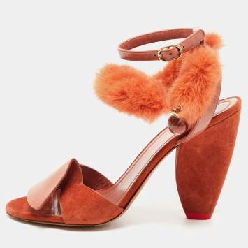 Pre Owned Cèline Orange Leather and Mink Fur Bracelet Peep Toe Sandals Size 38.5