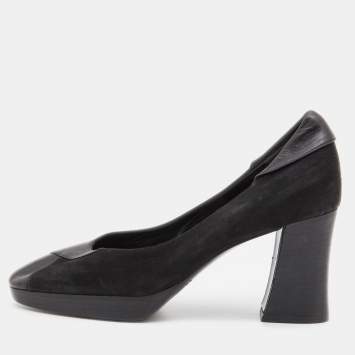 Pre Owned Celine Black Leather and Suede Block Heel Pumps Size 35.5