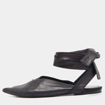 Pre Owned Celine Black Leather V Neck Ankle Tie Flat Size 38