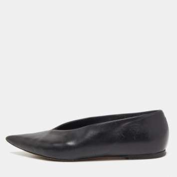 Pre Owned Celine Black Leather V-Neck Ballet Flats Size 35.5