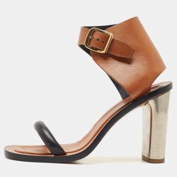 Pre Owned Celine Tan/Black Leather Bam Bam Sandals Size 38.5
