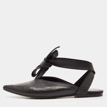 Pre Owned Celine Black Leather V Neck Ankle Tie Flats Size 40