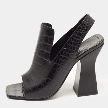 Pre Owned Celine Black Croc Embossed Leather Slingback Open Toe Sandals Size 38