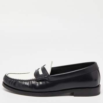 Pre Owned Celine Black/White Leather Slip On Loafers Size 38