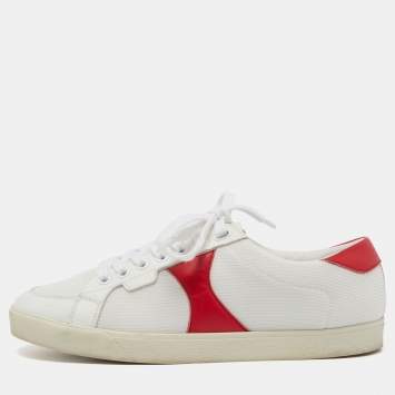 Pre Owned Celine White/Red Leather Colorblock Pattern Low Top Sneakers Size 37