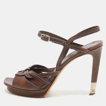 Pre Owned Celine Brown Leather Platform Ankle Strap Sandals Size 40.5