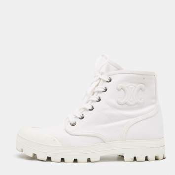 Pre Owned Celine White Canvas Combat Boots Size 37