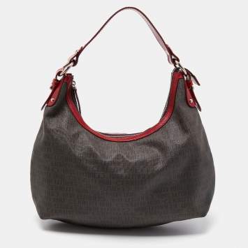 Pre Owned Cerruti Dark Brown/Red Monogram Coated Canvas and Leather Hobo