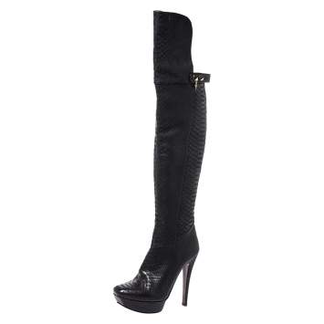 Pre Owned Cesare Paciotti Black Python Embossed Leather Over The Knee Boots Size 39