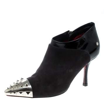 Pre Owned Cesare Paciotti Black Suede and Leather Studded Cap Toe Ankle Boots Size 35.5