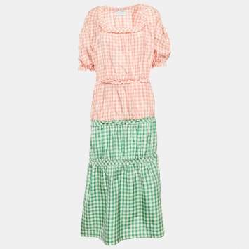 Pre Owned CF. Goldman Pink/Green Checkered Silk Tiered Midi Dress S