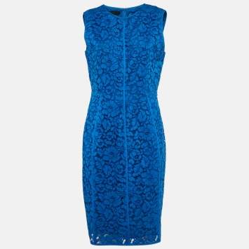 Pre Owned CH Carolina Herrera Blue Floral Pattern Lace Sheath Dress L