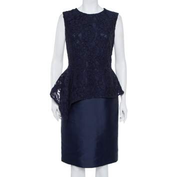 مملوكة مسبقًا CH Carolina Herrera Navy Blue Lace Sleeveless Peplum Dress M