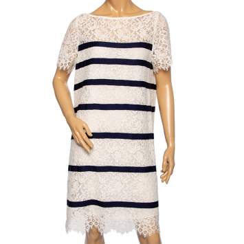 مملوكة مسبقًا CH Carolina Herrera White Lace Striped Detailed Short Dress L