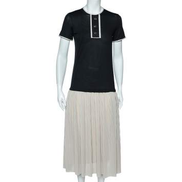 Pre Owned CH Carolina Herrera Black & Beige Cotton & Silk Plisse Detail Midi Dress XS