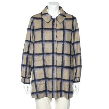 Pre Owned CH Carolina Herrera Beige Alpaca Trim Windowpane Check Coat M